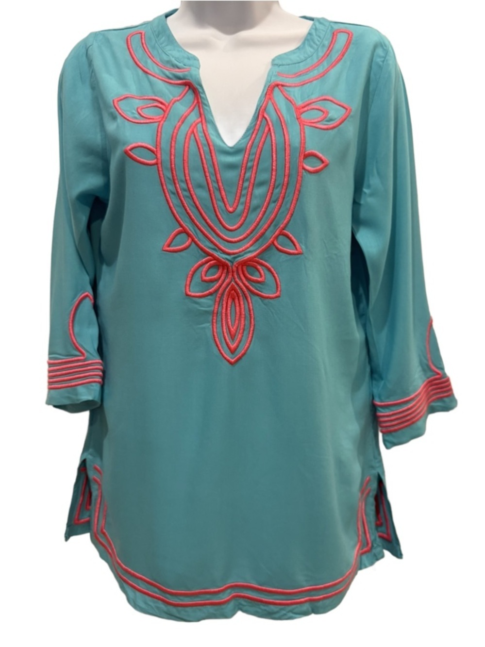 Escapada Turquoise Tunic with Coral Embroidery. Small